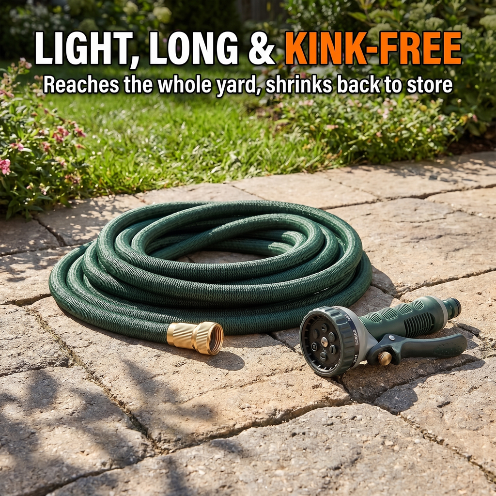 Light, long and kink-free - reaches the whole yard, shrinks back to store