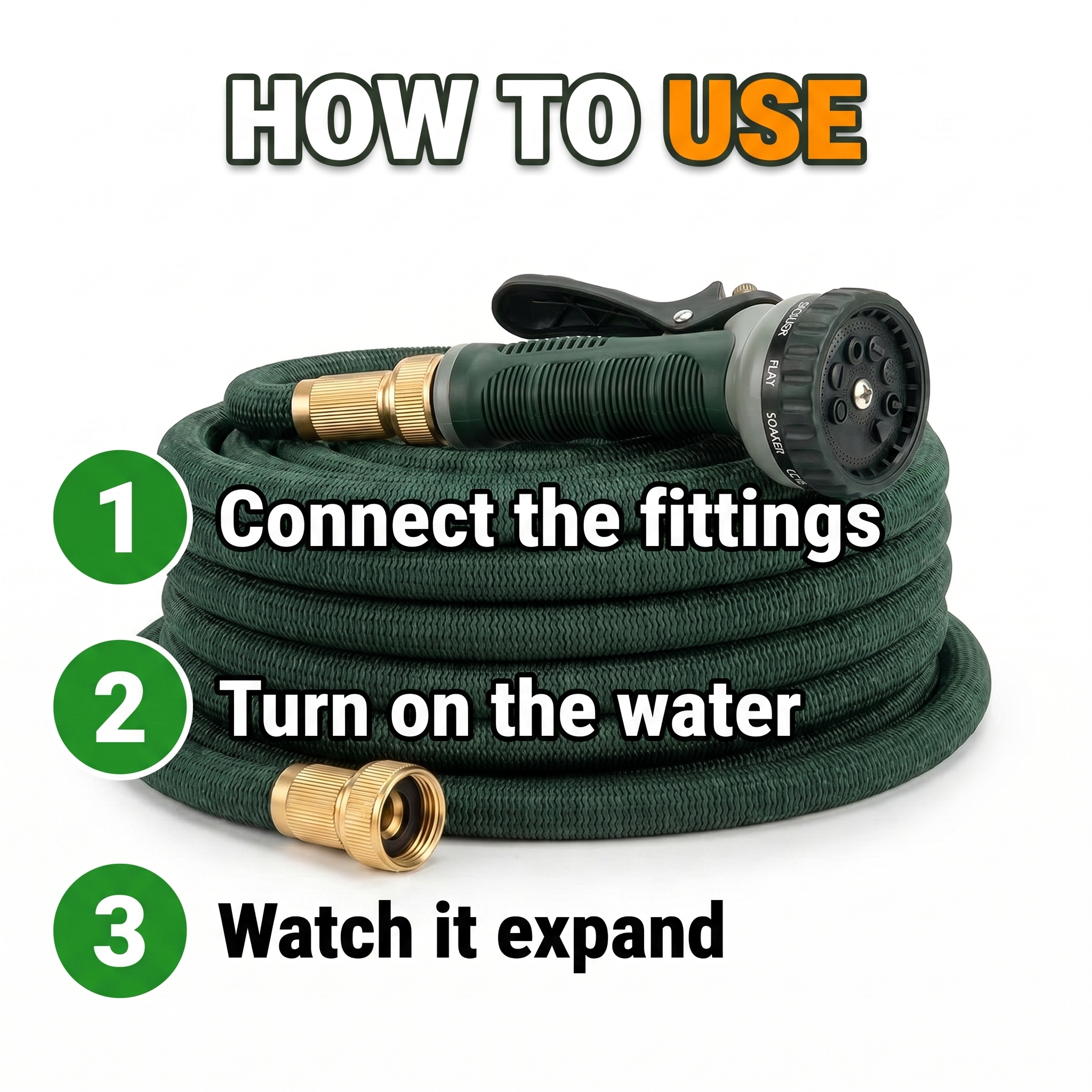 How to use: connect the fittings, turn on the water, watch it expand