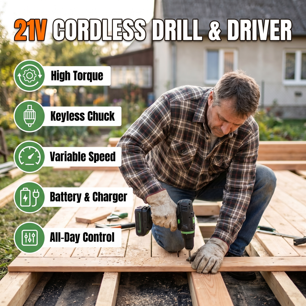 21V cordless drill and driver: high torque, keyless chuck, variable speed, battery and charger