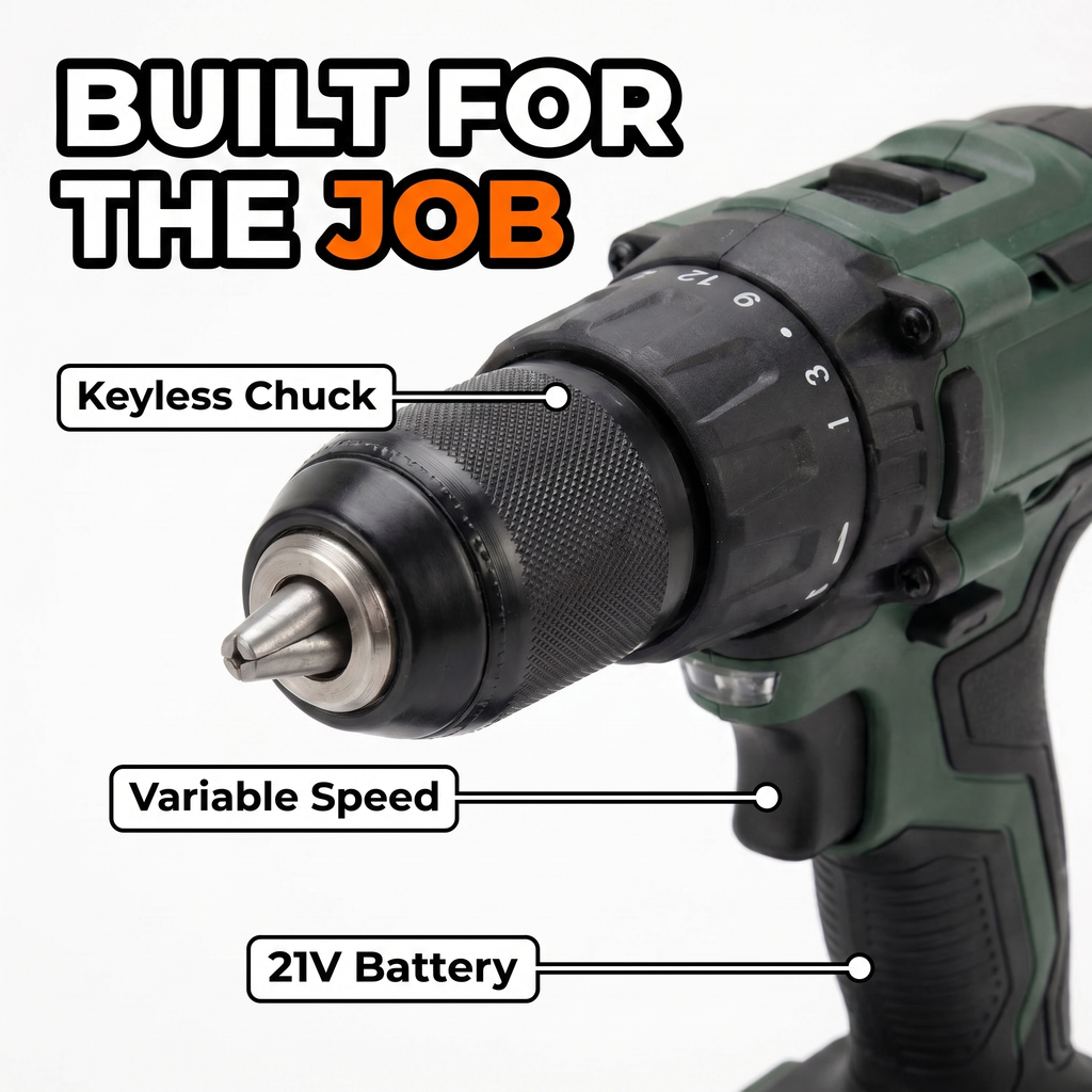 Built for the job: keyless chuck, variable speed, 21V battery