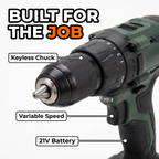 Built for the job: keyless chuck, variable speed, 21V battery