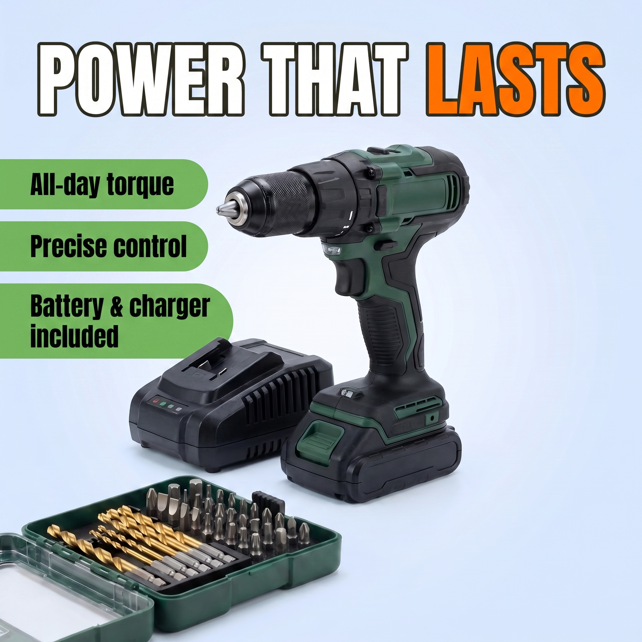Power that lasts: all-day torque, precise control, battery and charger included