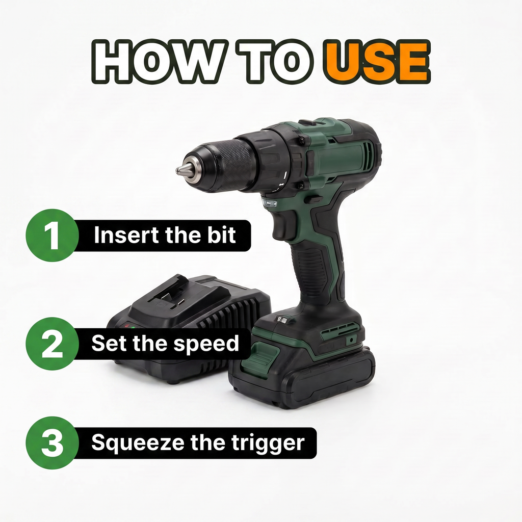How to use: insert the bit, set the speed, squeeze the trigger