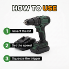 How to use: insert the bit, set the speed, squeeze the trigger