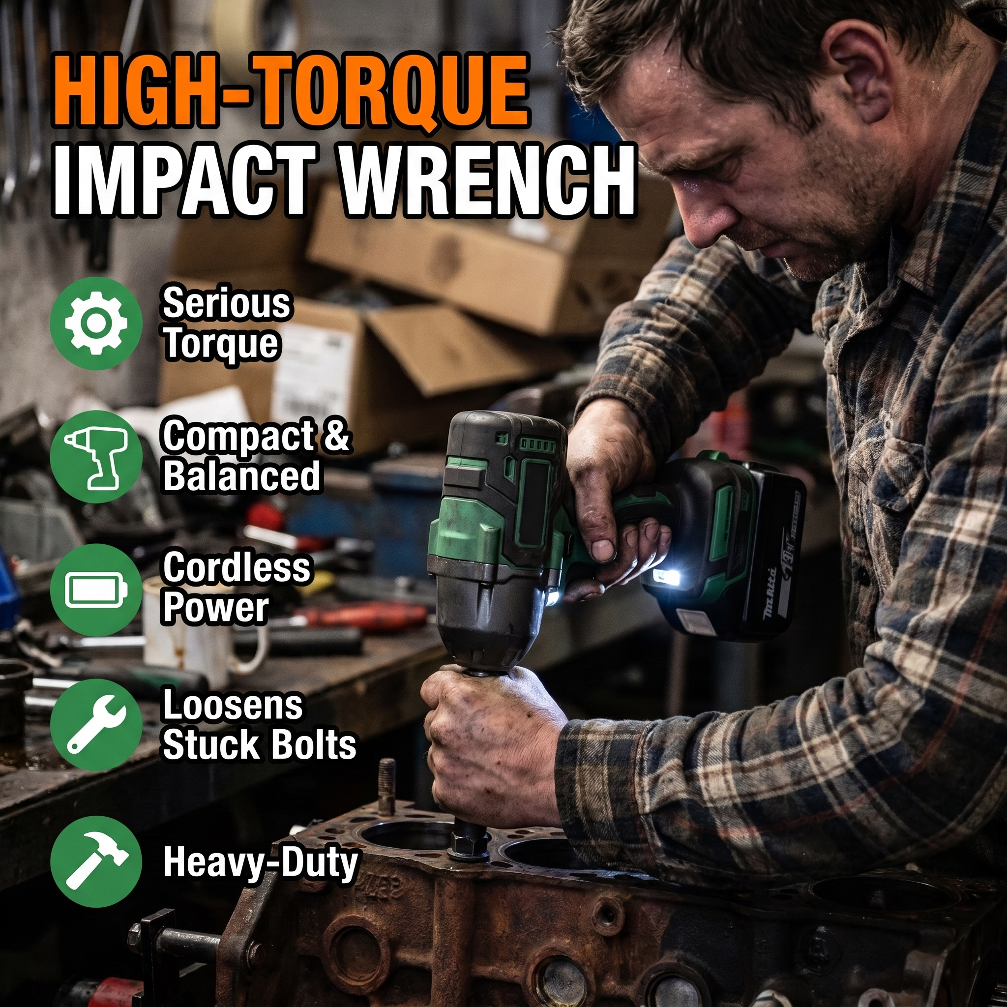 High-torque impact wrench: serious torque, compact and balanced, cordless power, loosens stuck bolts