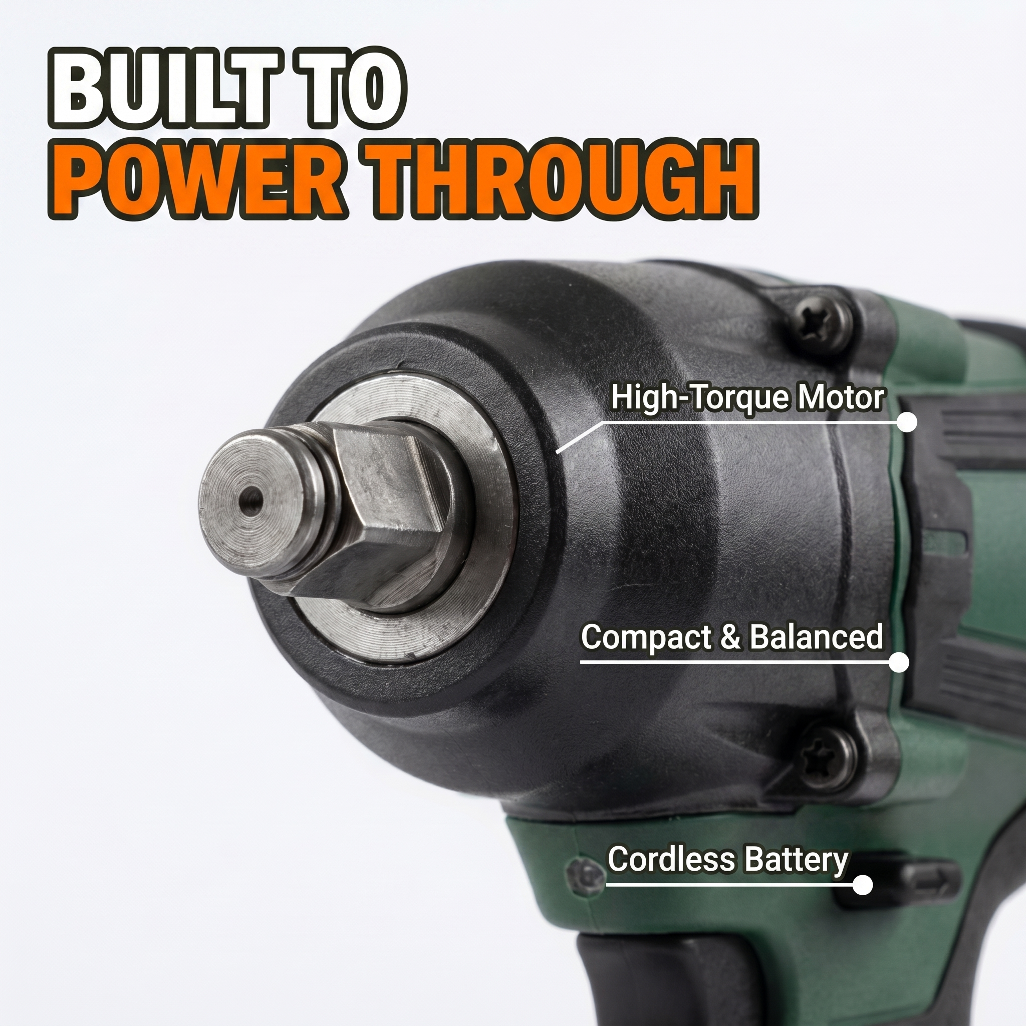 Built to power through: high-torque motor, compact and balanced, cordless battery