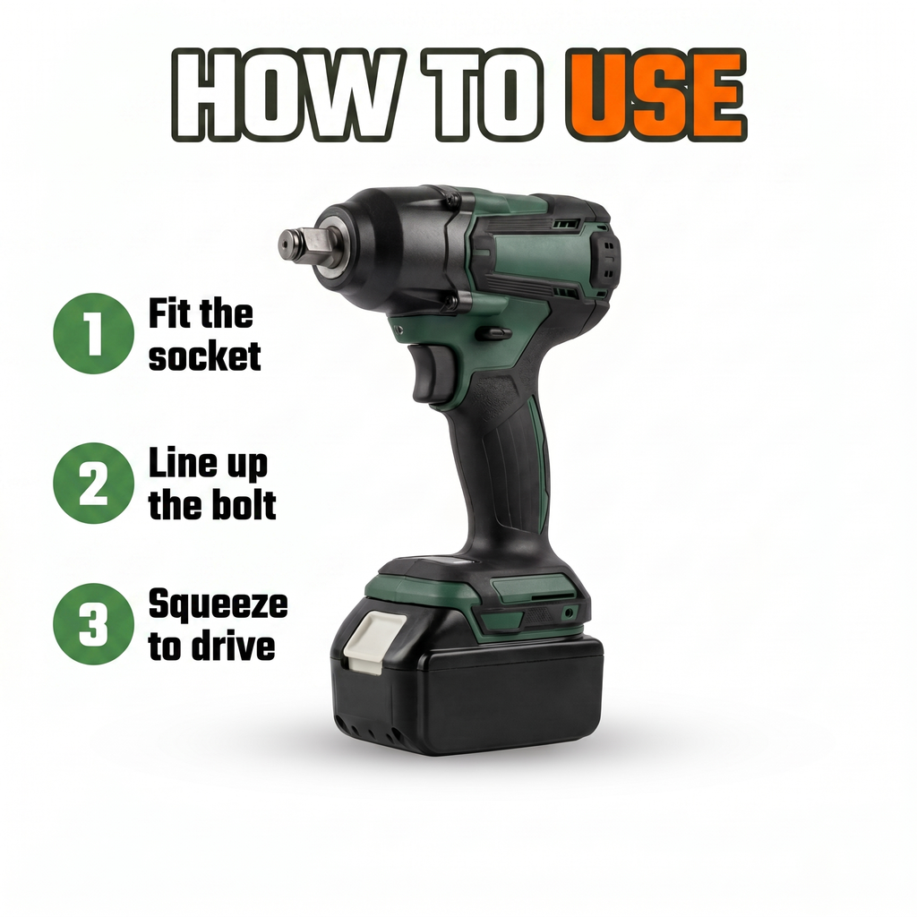 How to use: fit the socket, line up the bolt, squeeze to drive