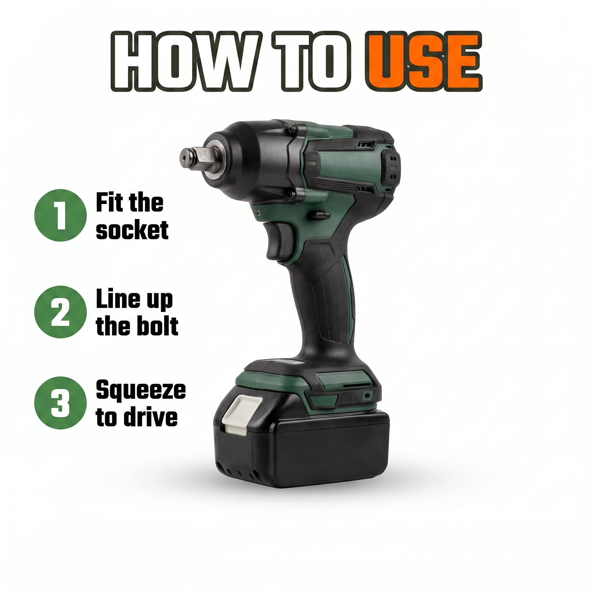 How to use: fit the socket, line up the bolt, squeeze to drive