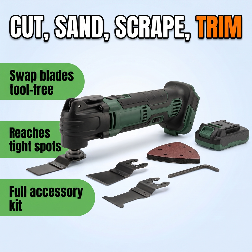 Cut, sand, scrape, trim: swap blades tool-free, reaches tight spots, full accessory kit