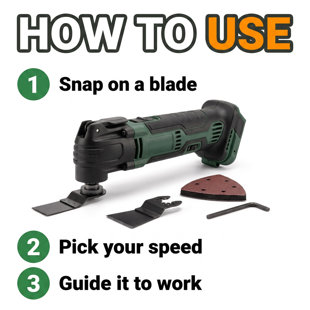 How to use: snap on a blade, pick your speed, guide it to work