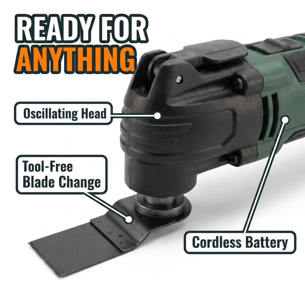 Ready for anything: tool-free blade change, oscillating head, cordless battery