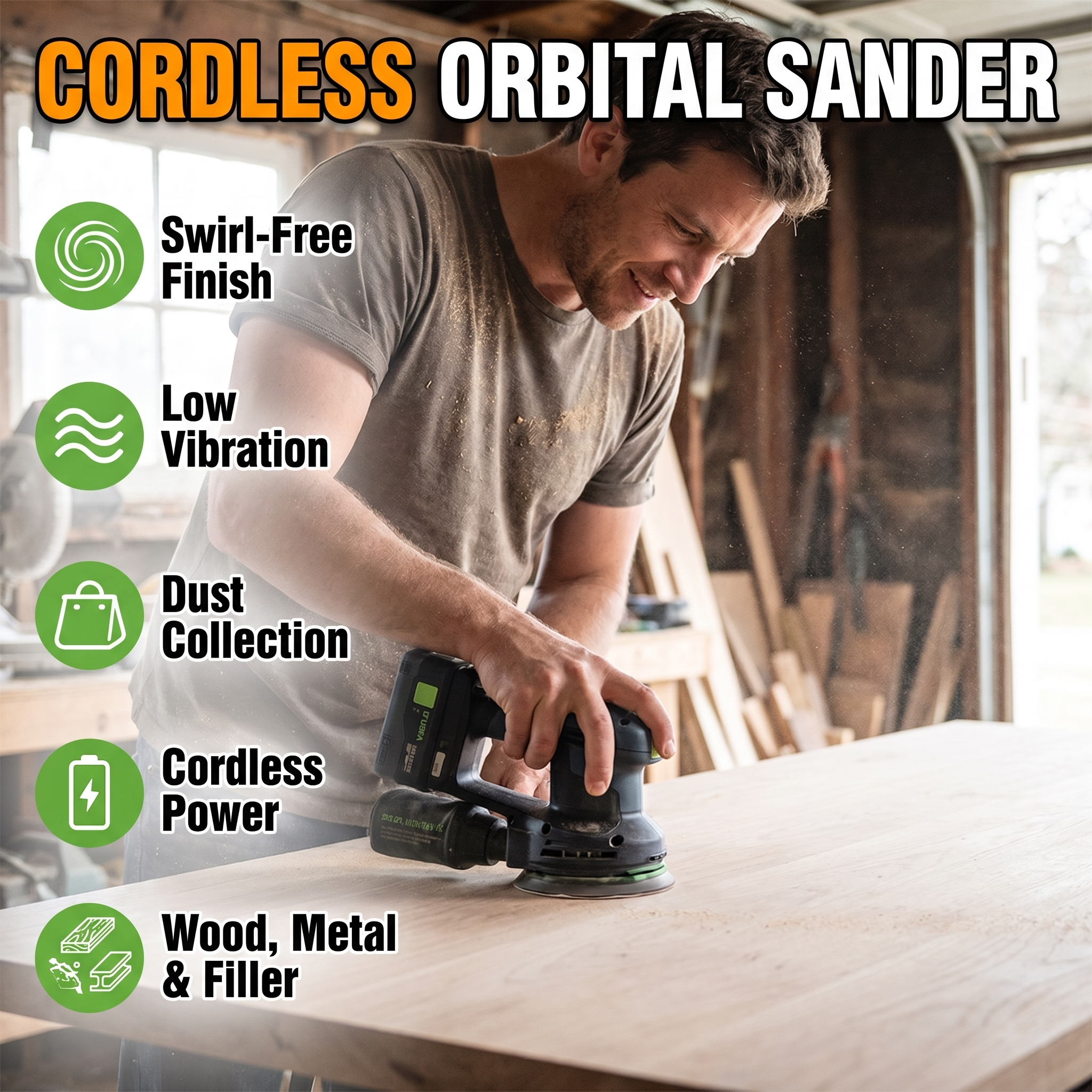 Cordless orbital sander: swirl-free finish, low vibration, dust collection, cordless power
