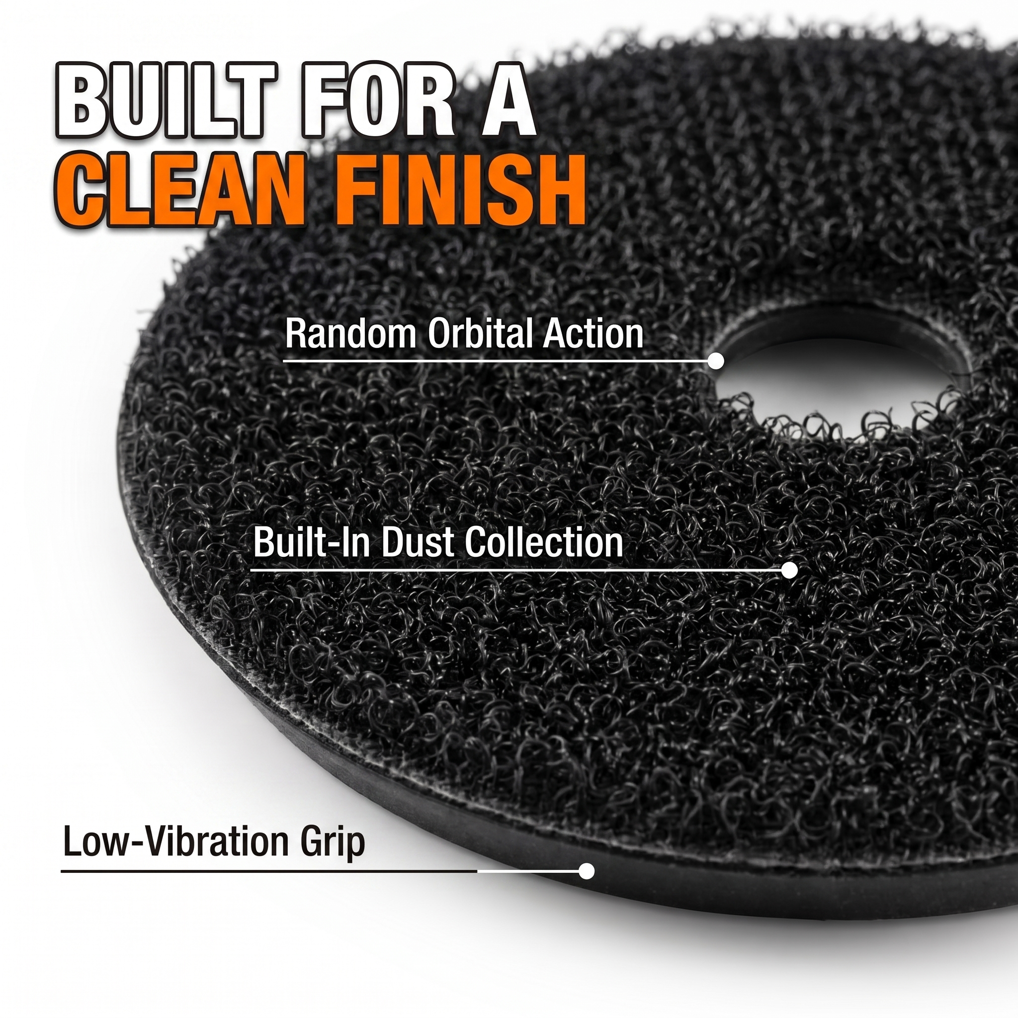 Built for a clean finish: random orbital action, built-in dust collection, low-vibration grip