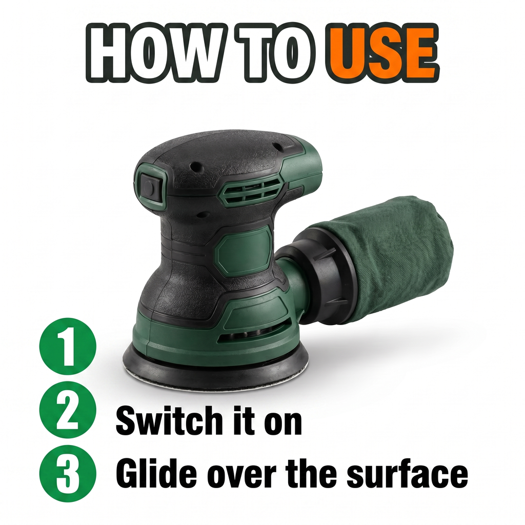 How to use: attach the sanding pad, switch it on, glide over the surface