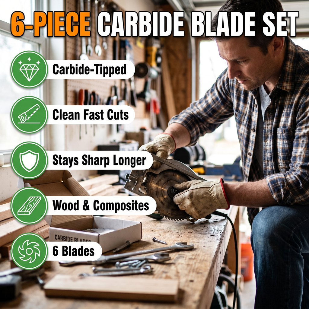 6-piece carbide blade set: carbide-tipped, clean fast cuts, stays sharp longer, wood and composites