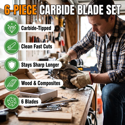 6-piece carbide blade set: carbide-tipped, clean fast cuts, stays sharp longer, wood and composites