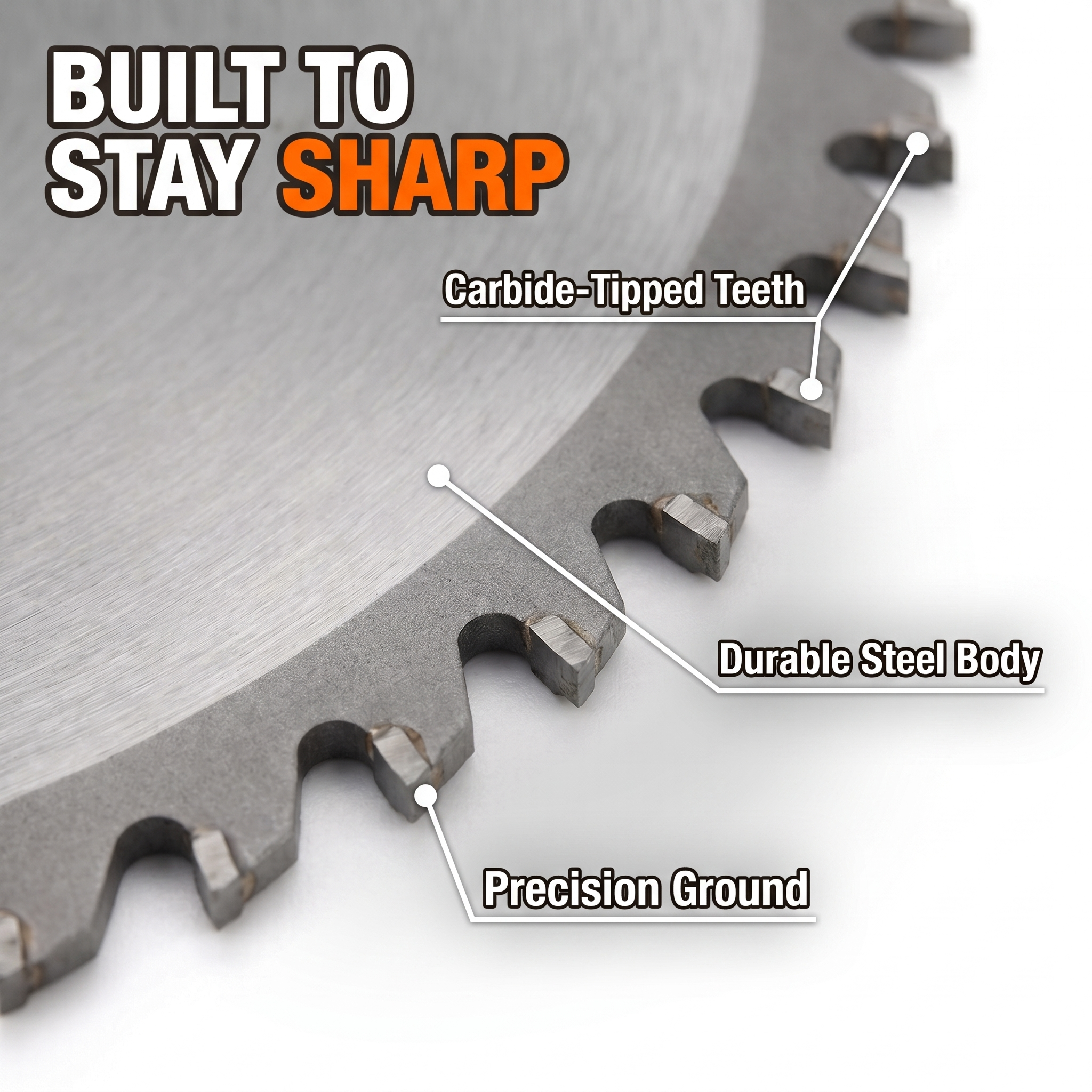 Built to stay sharp: carbide-tipped teeth, durable steel body, precision ground