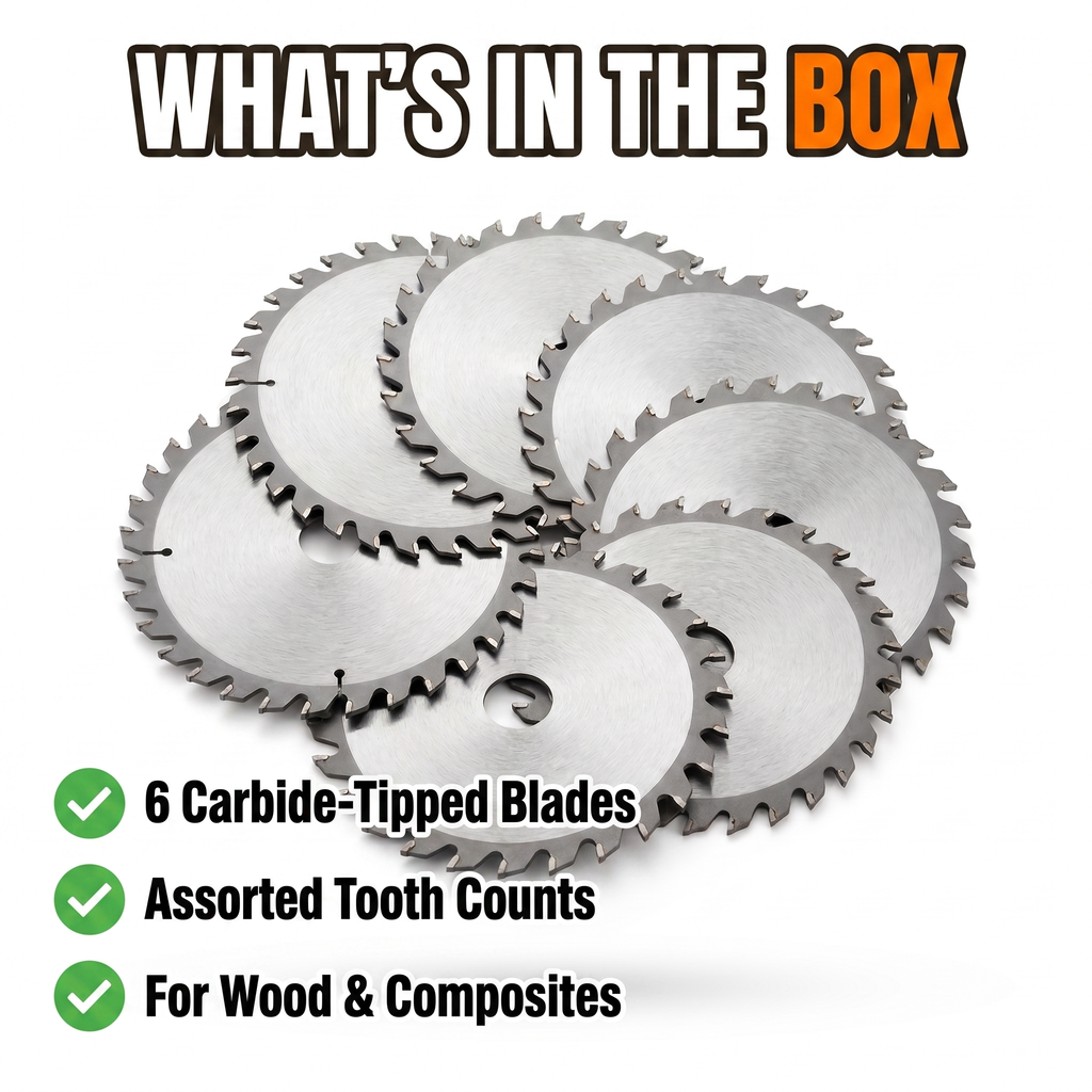 What's in the box: 6 carbide-tipped blades, assorted tooth counts, for wood and composites
