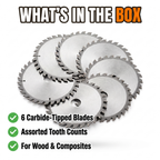 What's in the box: 6 carbide-tipped blades, assorted tooth counts, for wood and composites