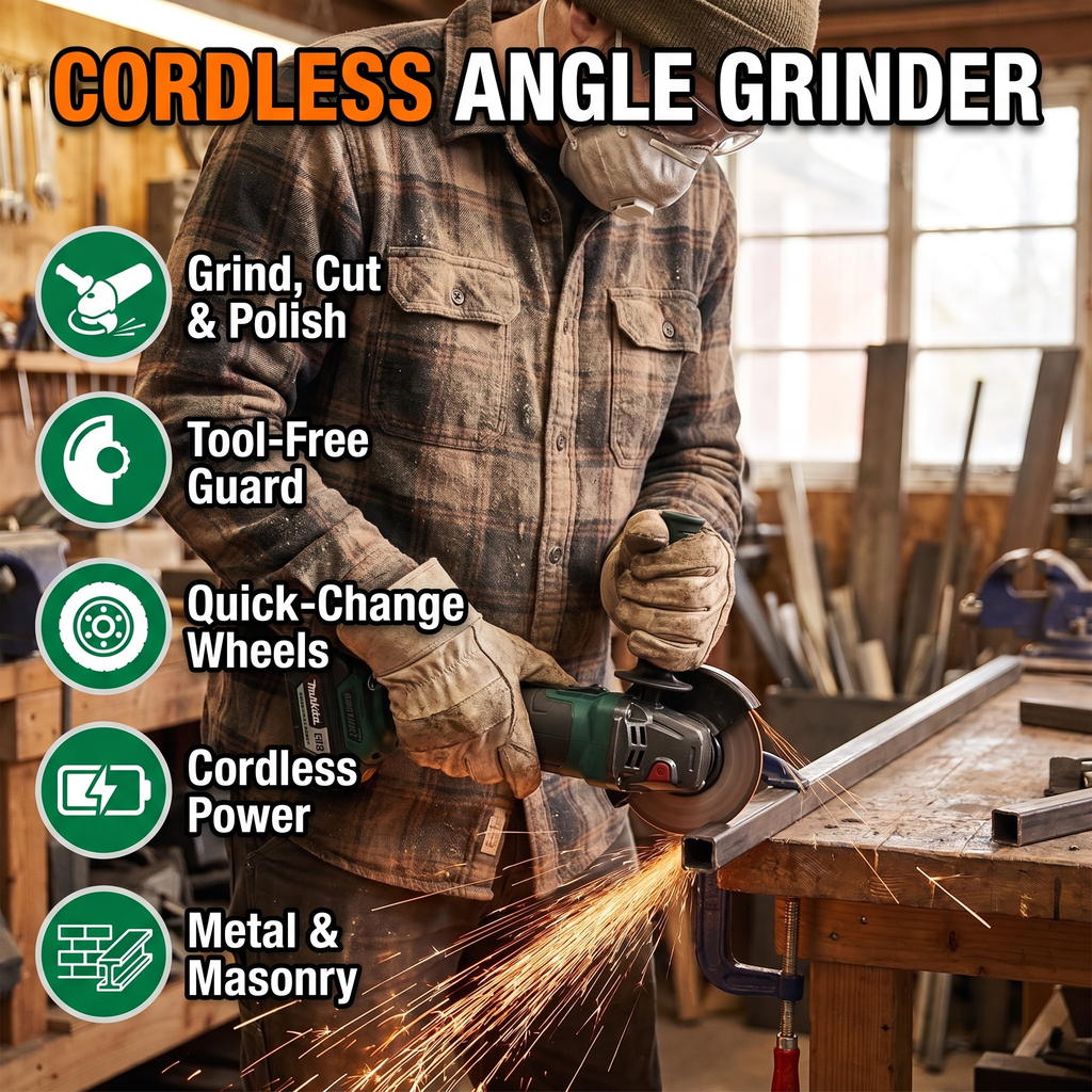 Cordless angle grinder: grind cut and polish, tool-free guard, quick-change wheels, cordless power