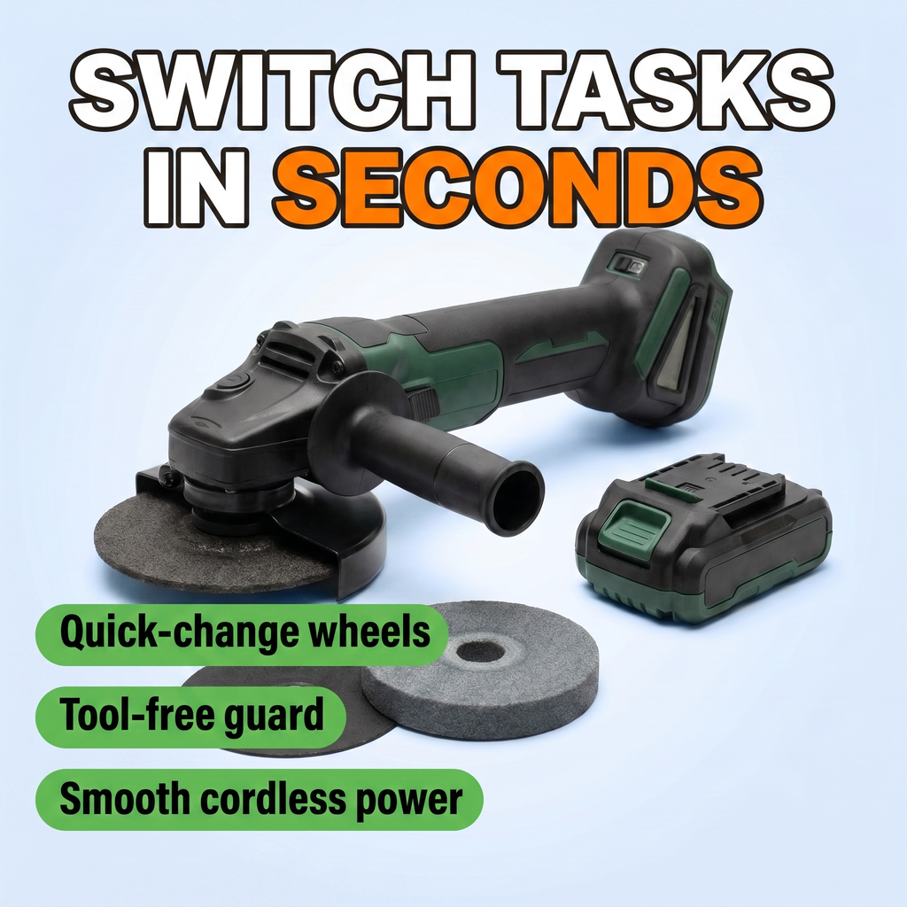 Switch tasks in seconds: quick-change wheels, tool-free guard, smooth cordless power