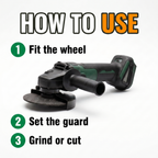 How to use: fit the wheel, set the guard, grind or cut
