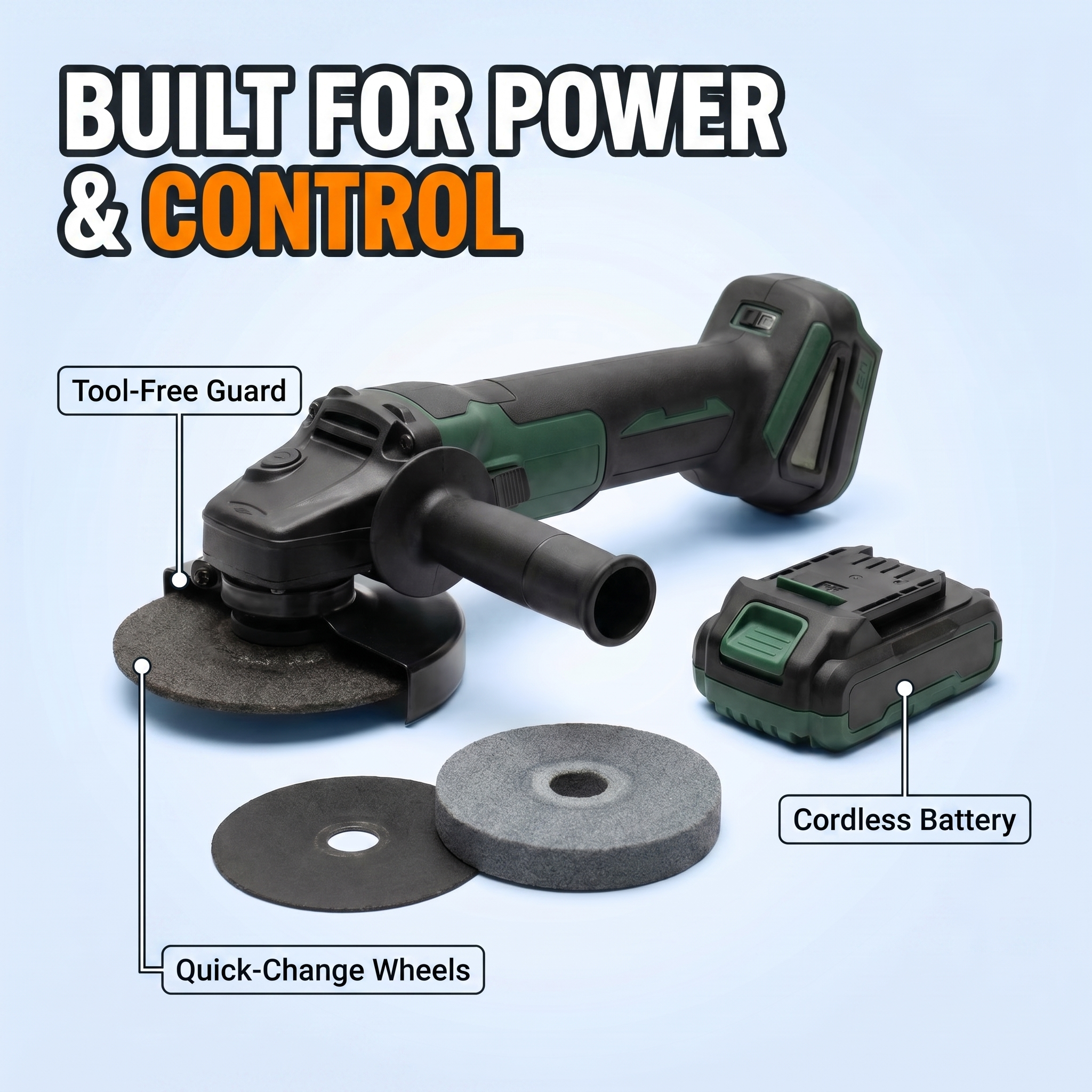 Built for power and control: tool-free guard, quick-change wheels, cordless battery