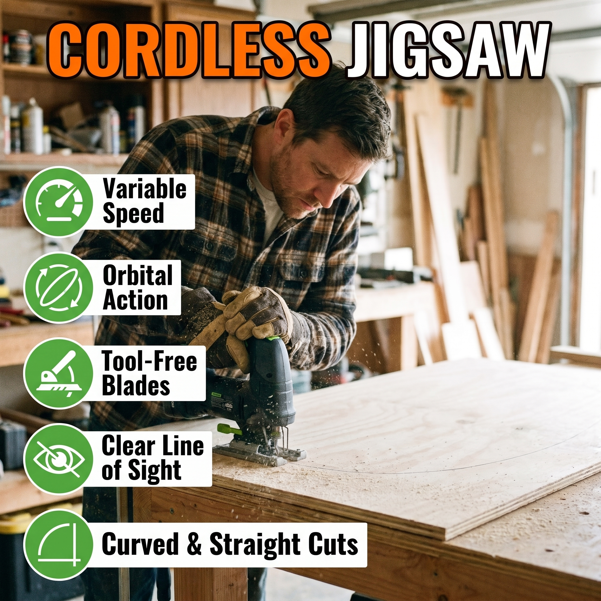 Cordless jigsaw: variable speed, orbital action, tool-free blades, clear line of sight
