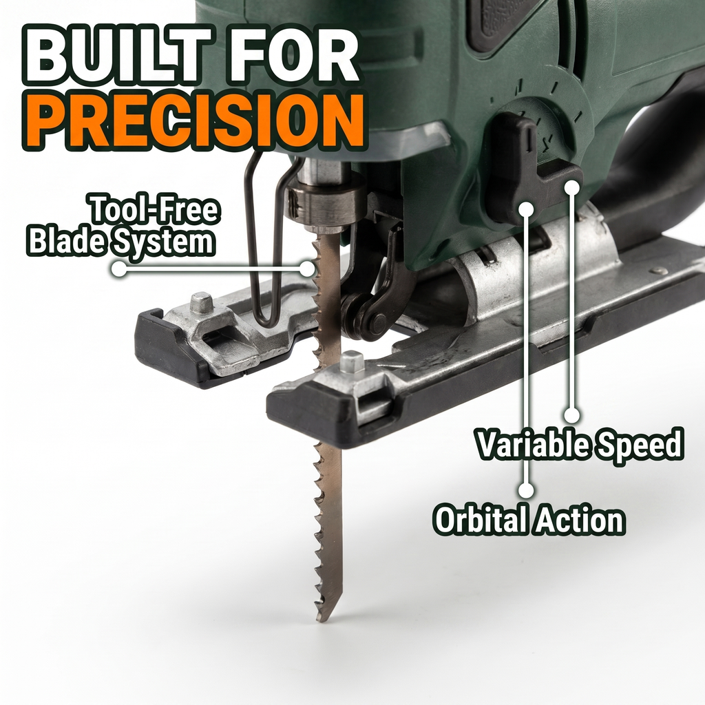Built for precision: tool-free blade system, orbital action, variable speed
