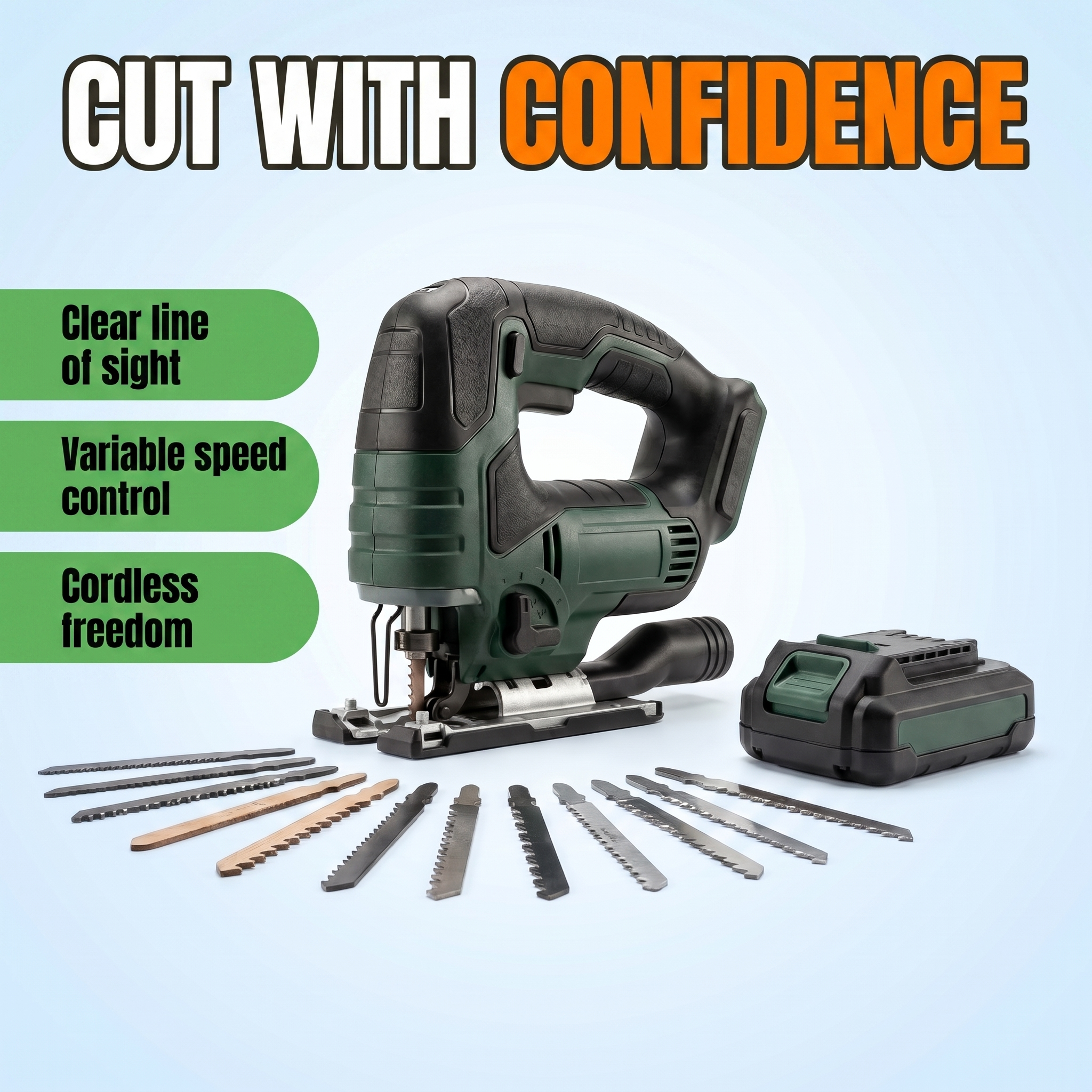 Cut with confidence: clear line of sight, variable speed control, cordless freedom