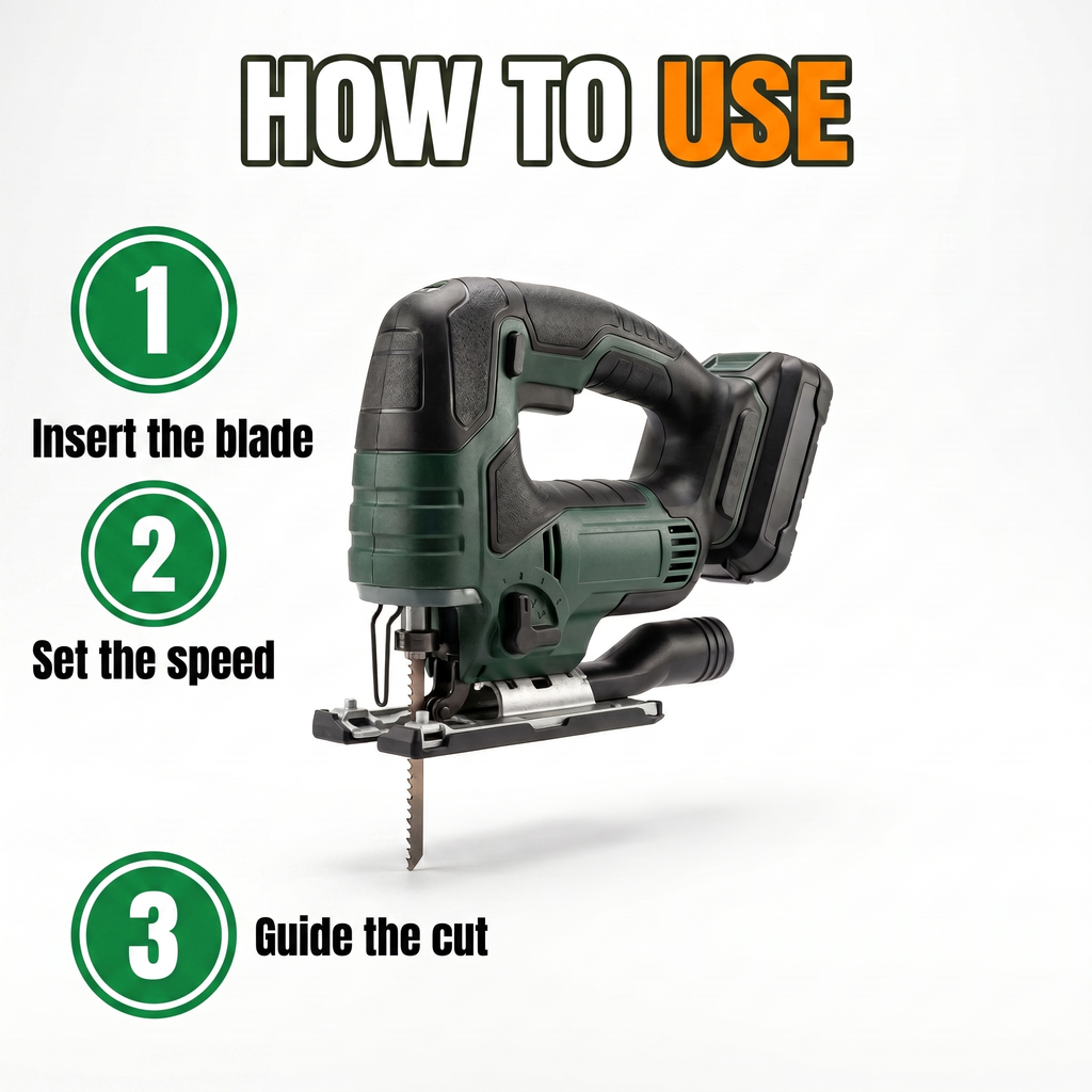How to use: insert the blade, set the speed, guide the cut