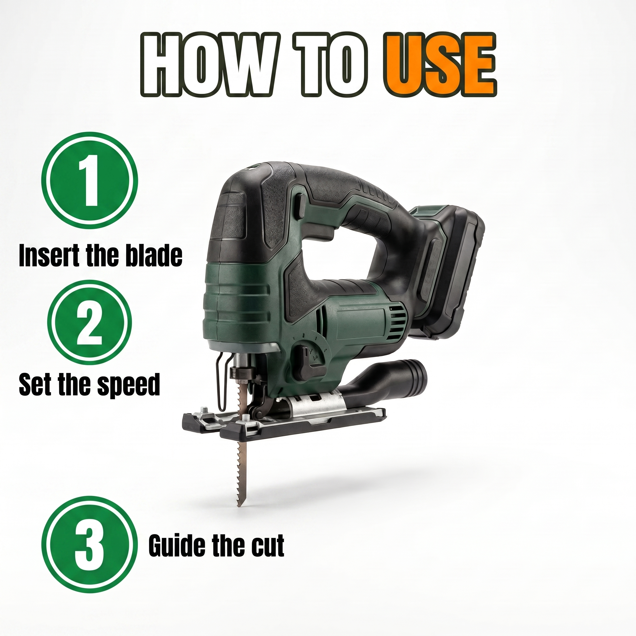 How to use: insert the blade, set the speed, guide the cut