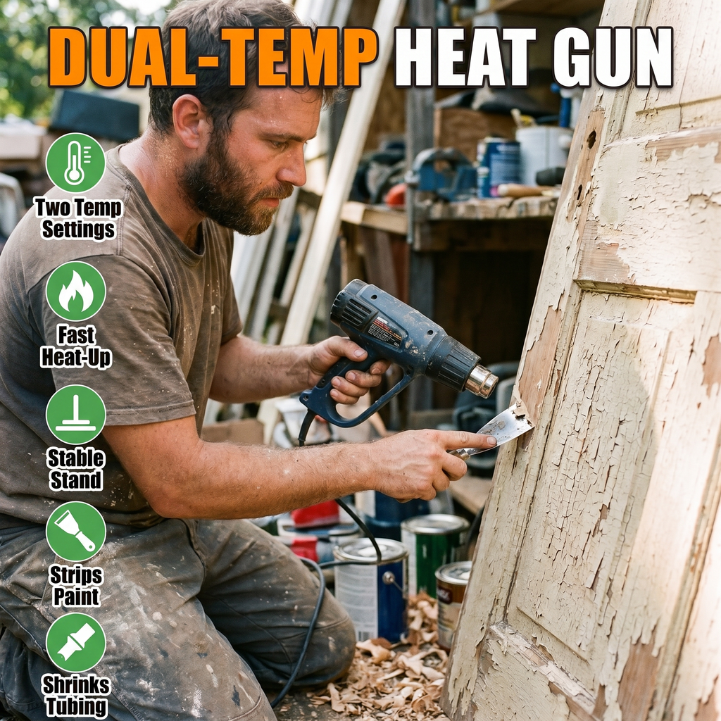 Dual-temp heat gun: two temp settings, fast heat-up, stable stand, strips paint, shrinks tubing