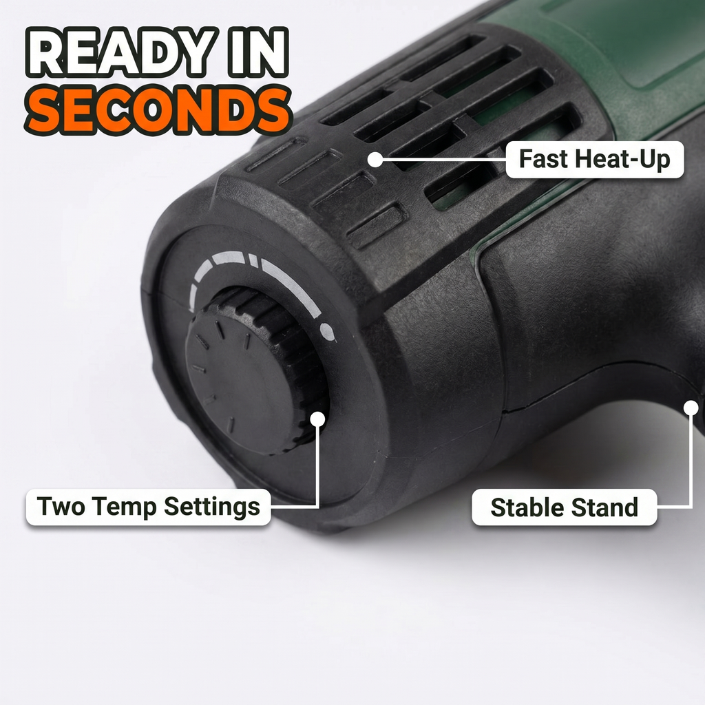Ready in seconds: fast heat-up, two temp settings, stable stand
