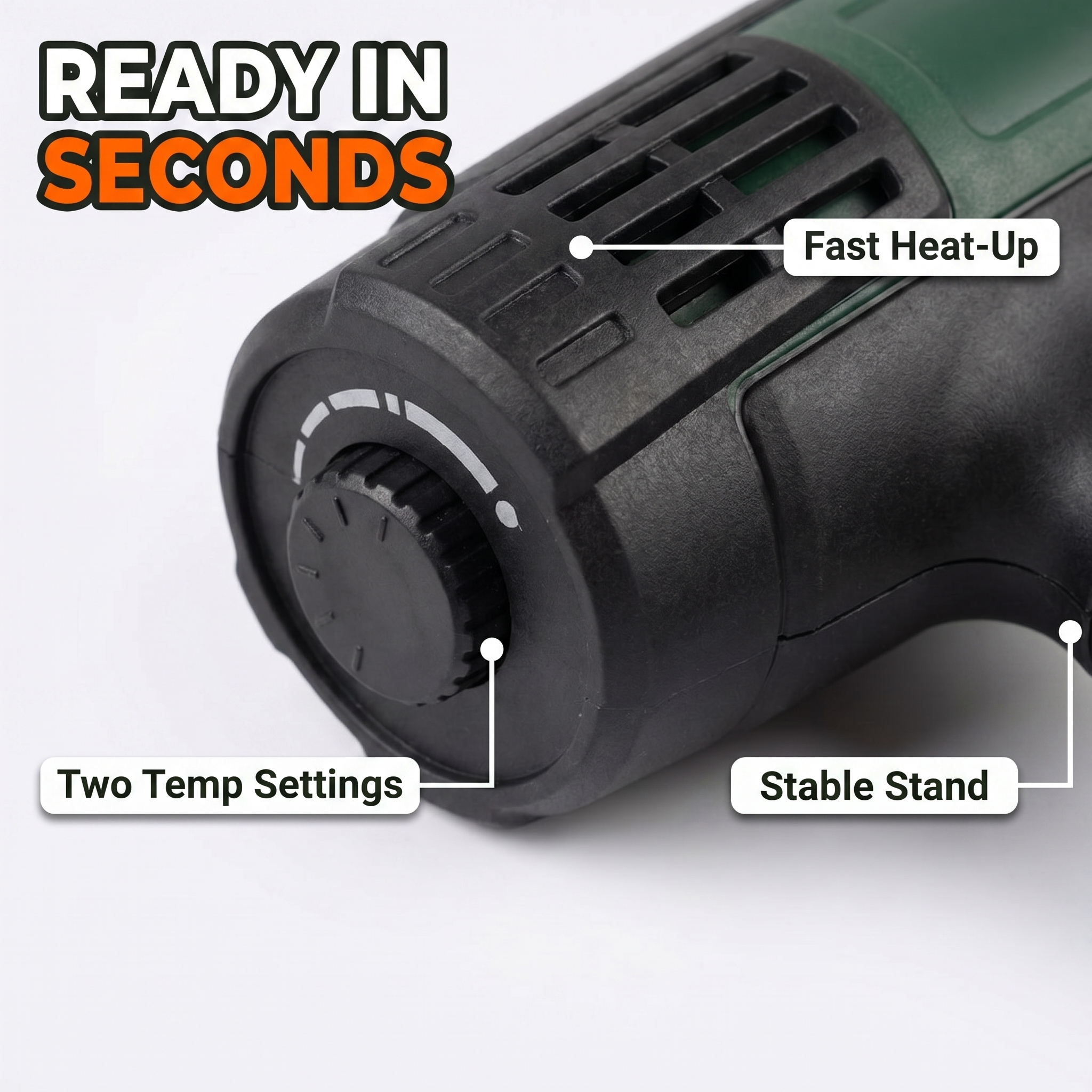 Ready in seconds: fast heat-up, two temp settings, stable stand