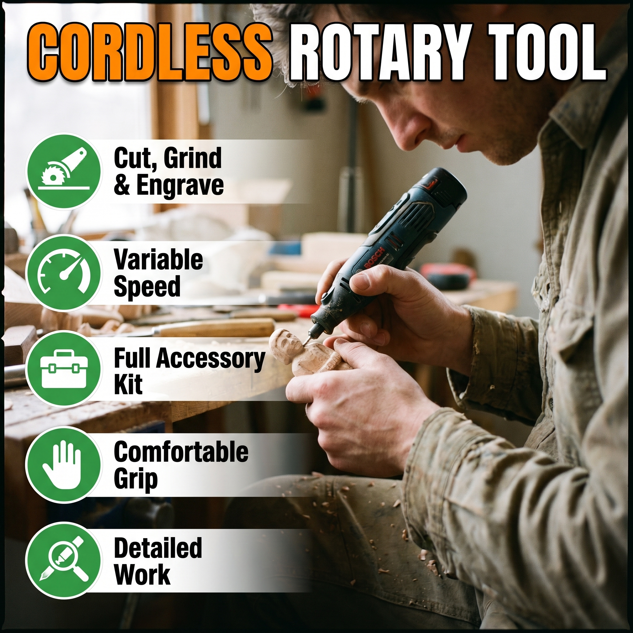 Cordless rotary tool: cut grind and engrave, variable speed, full accessory kit, comfortable grip