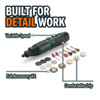 Built for detail work: variable speed, full accessory kit, comfortable grip