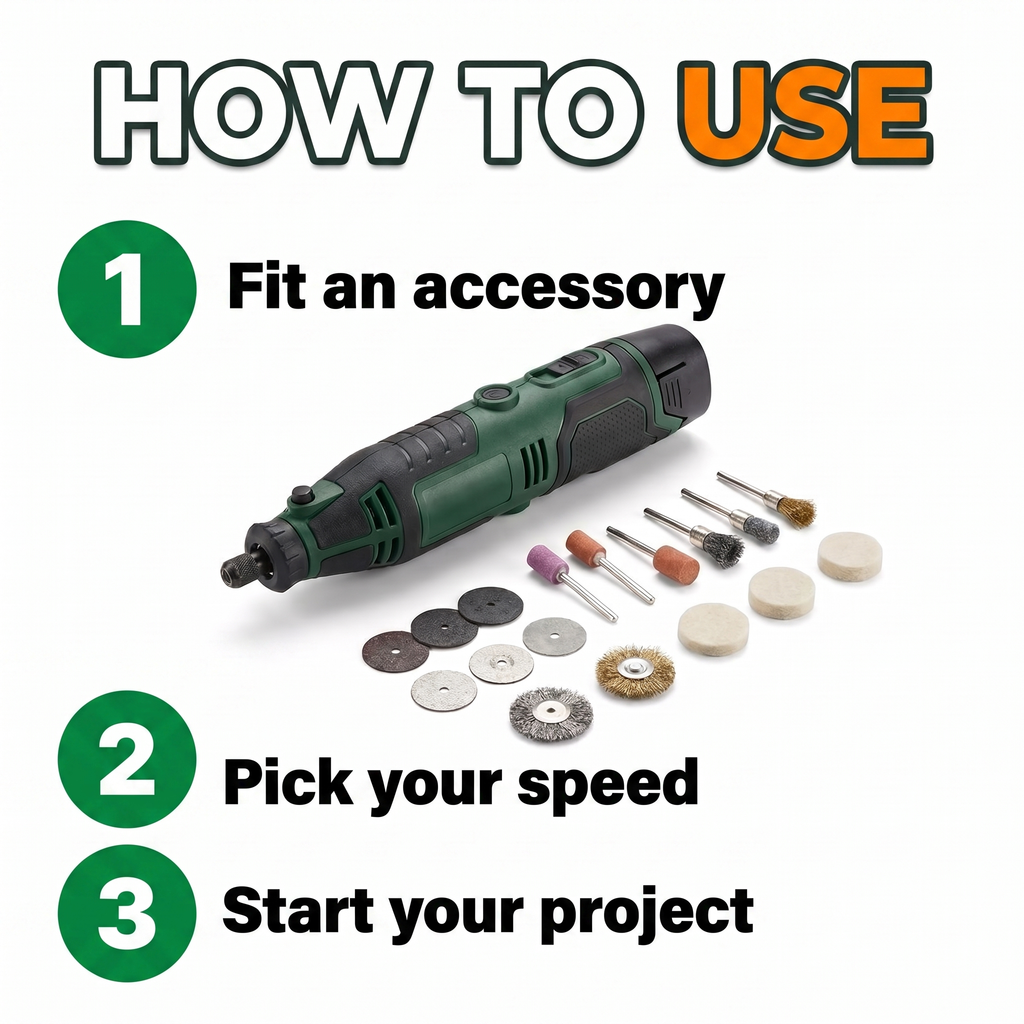 How to use: fit an accessory, pick your speed, start your project