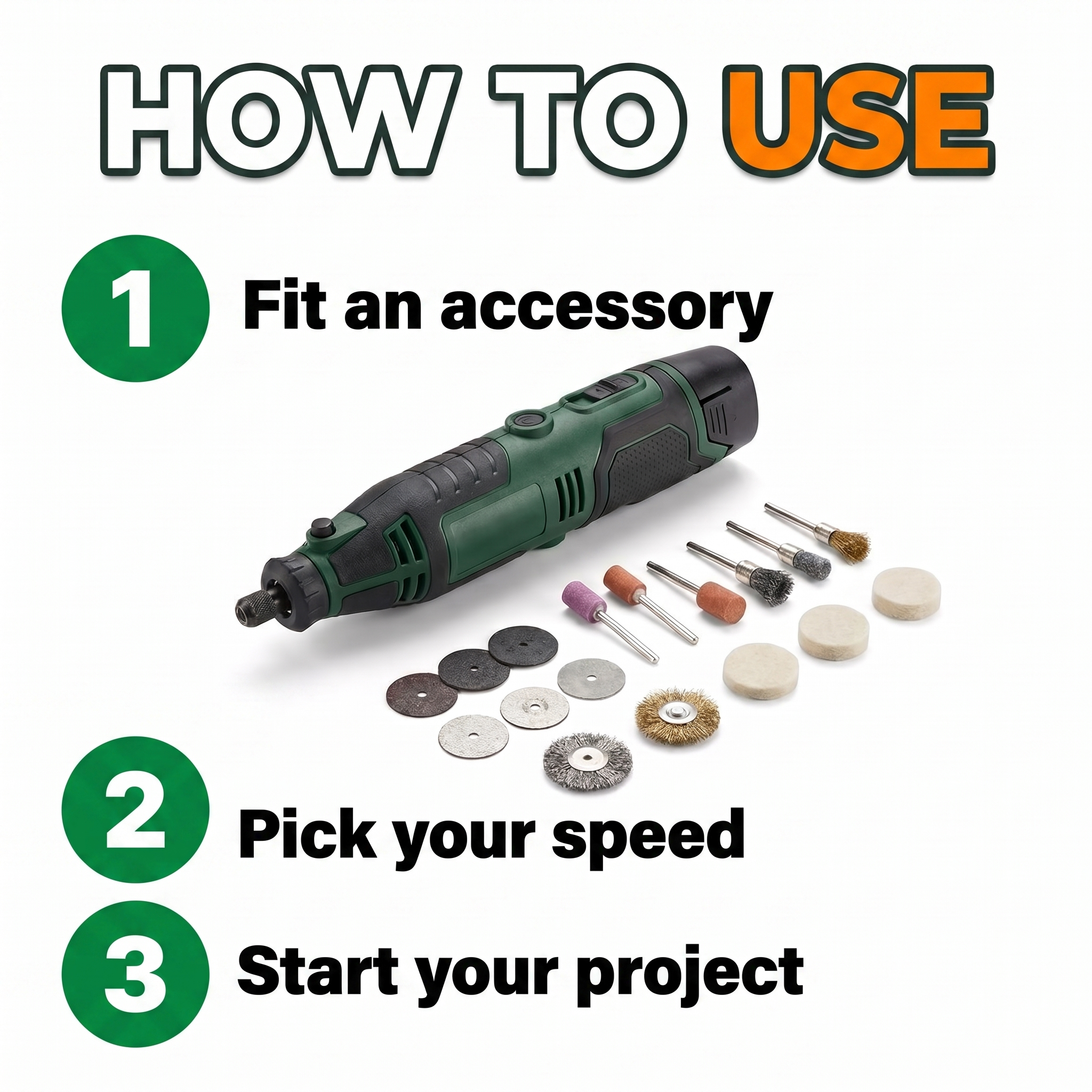 How to use: fit an accessory, pick your speed, start your project