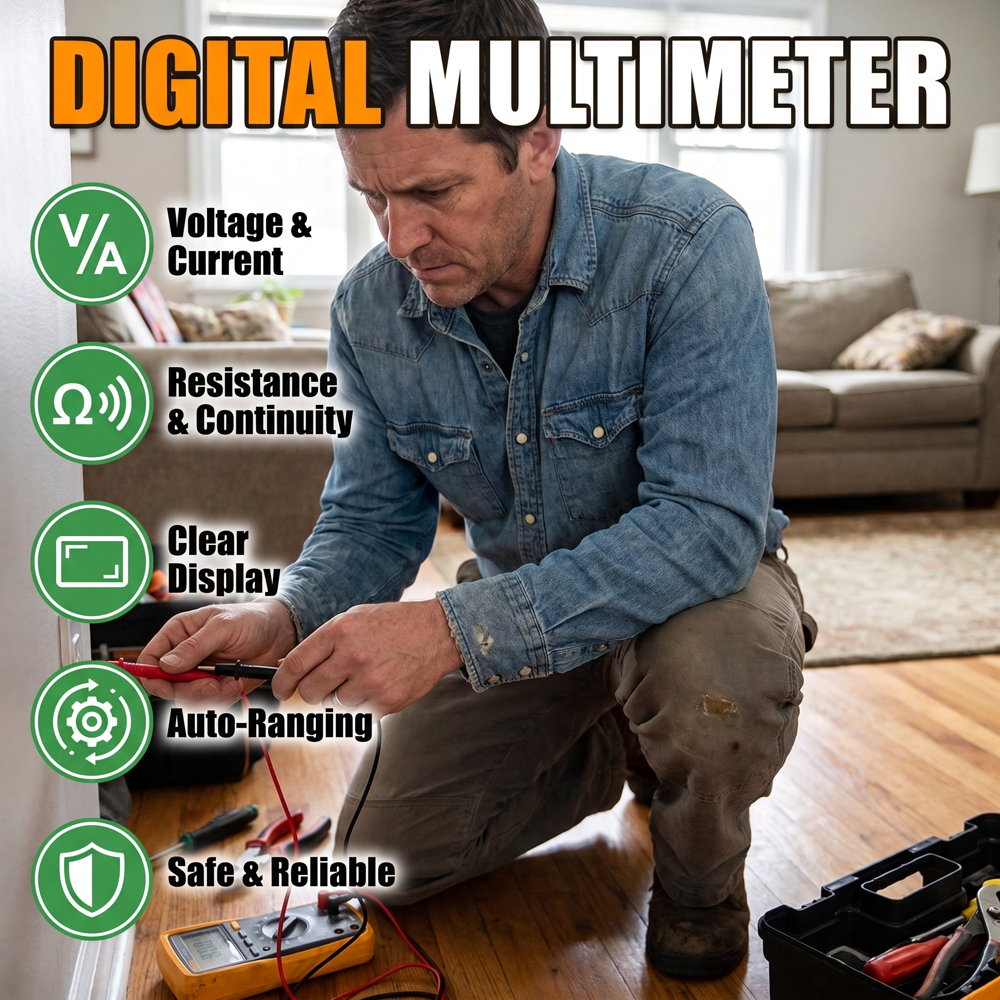 Digital multimeter: voltage and current, resistance and continuity, clear display, auto-ranging