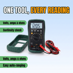One tool, every reading: volts amps and ohms, continuity check, easy auto-ranging