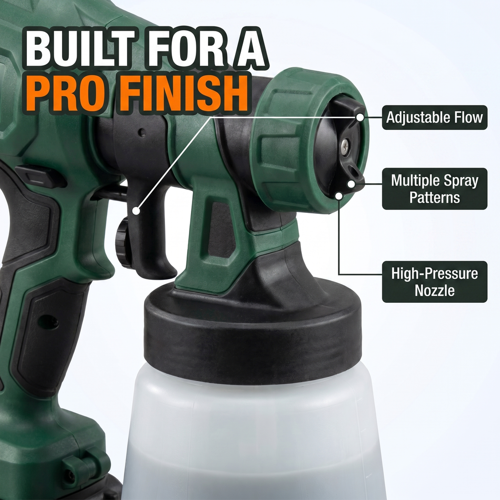 Built for a pro finish: adjustable flow, multiple spray patterns, high-pressure nozzle