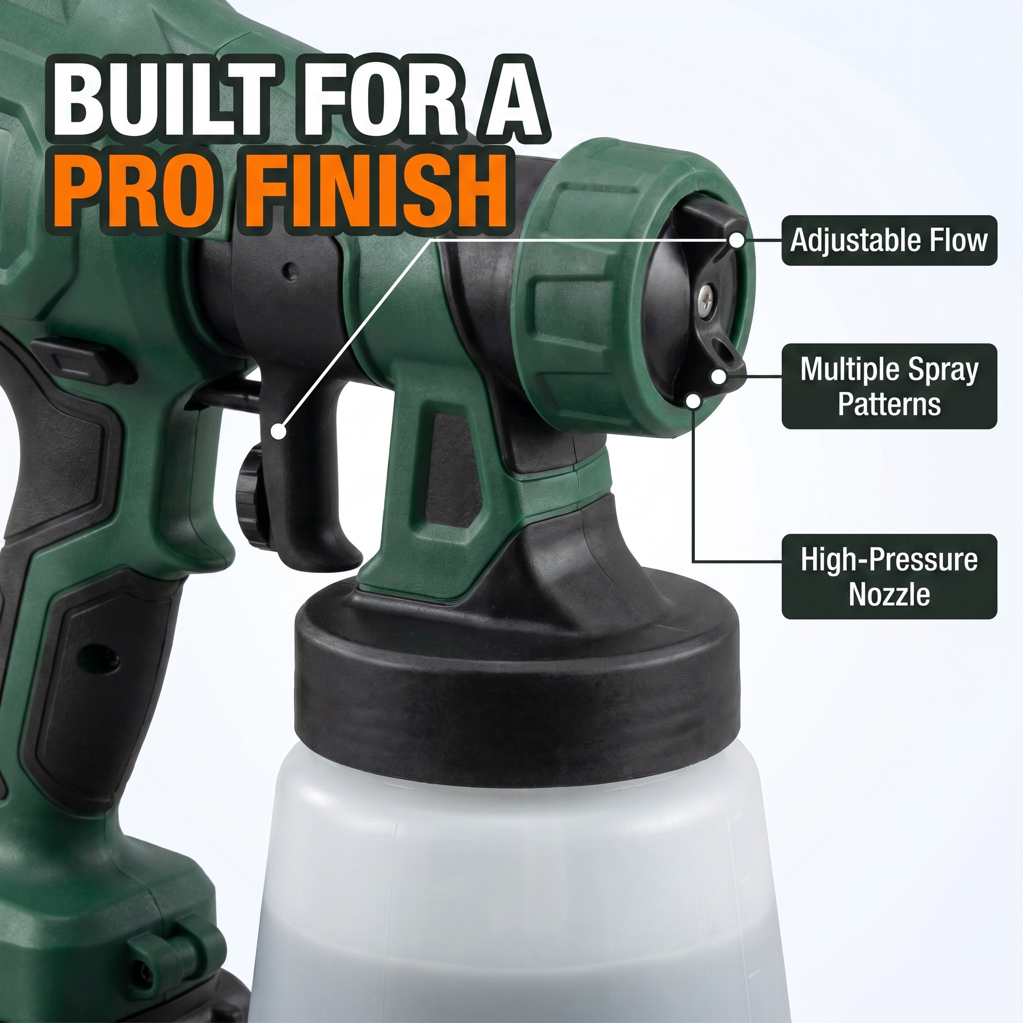 Built for a pro finish: adjustable flow, multiple spray patterns, high-pressure nozzle
