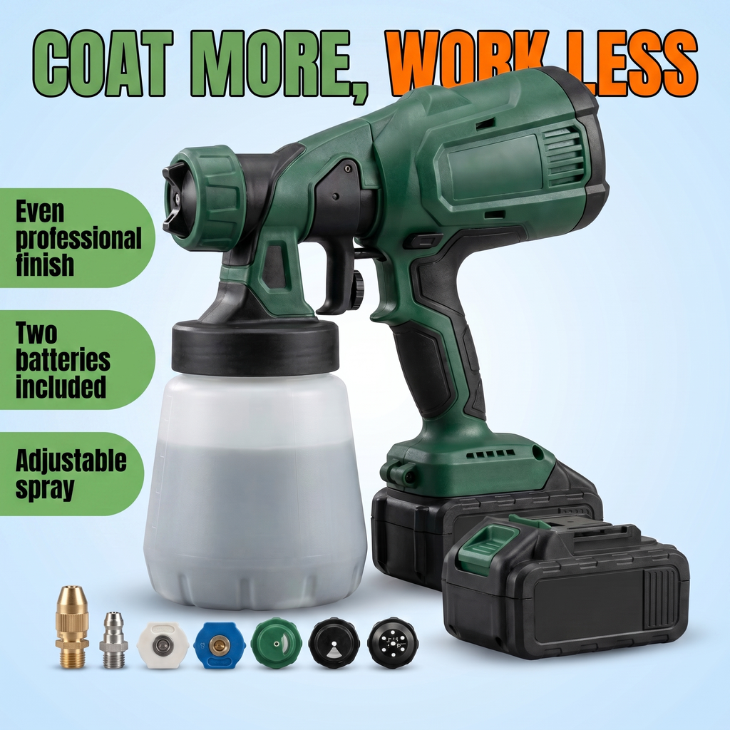 Coat more, work less: even professional finish, two batteries included, adjustable spray