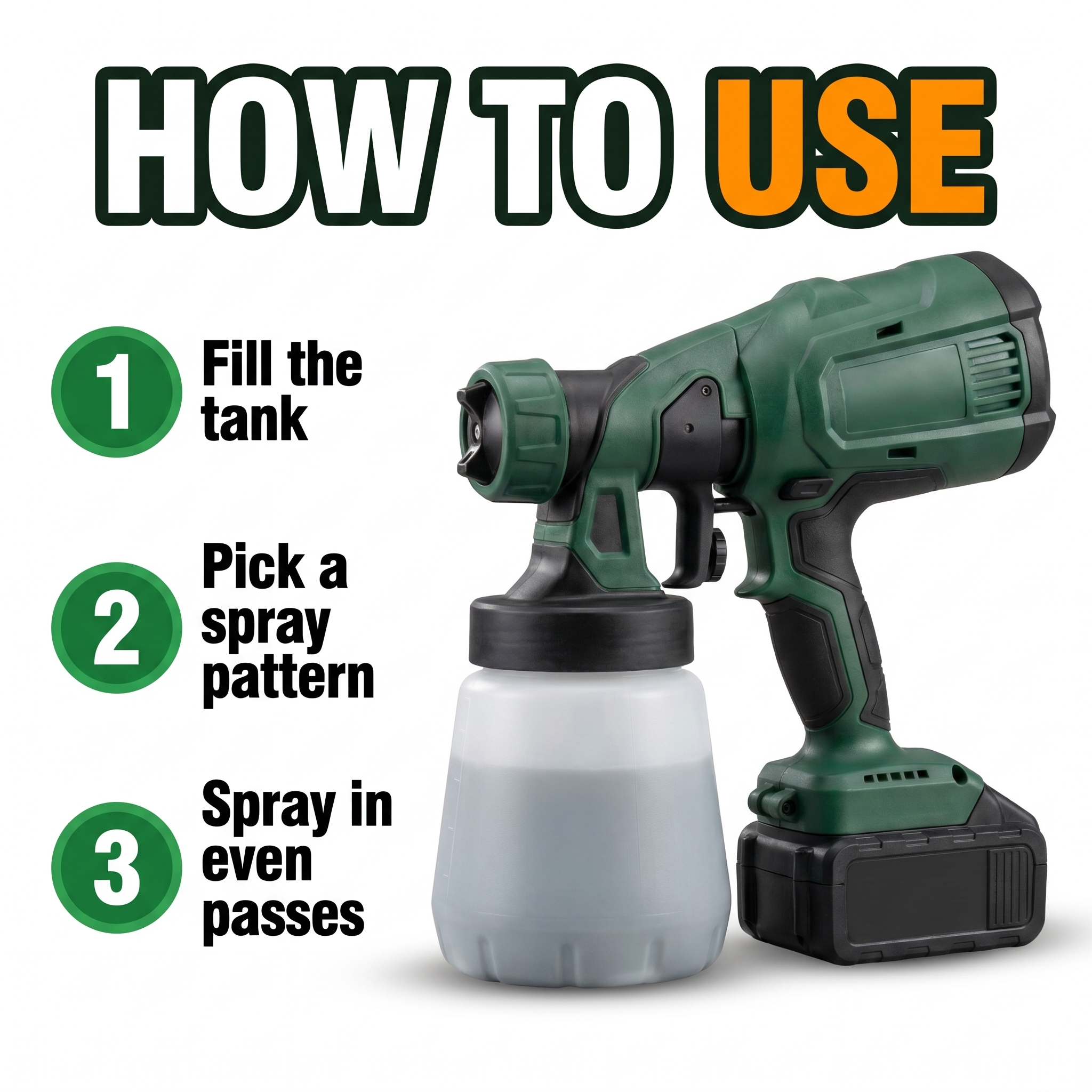 How to use: fill the tank, pick a spray pattern, spray in even passes