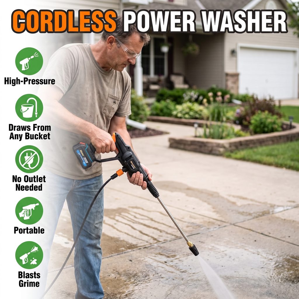 Cordless power washer: high-pressure, draws from any bucket, no outlet needed, portable