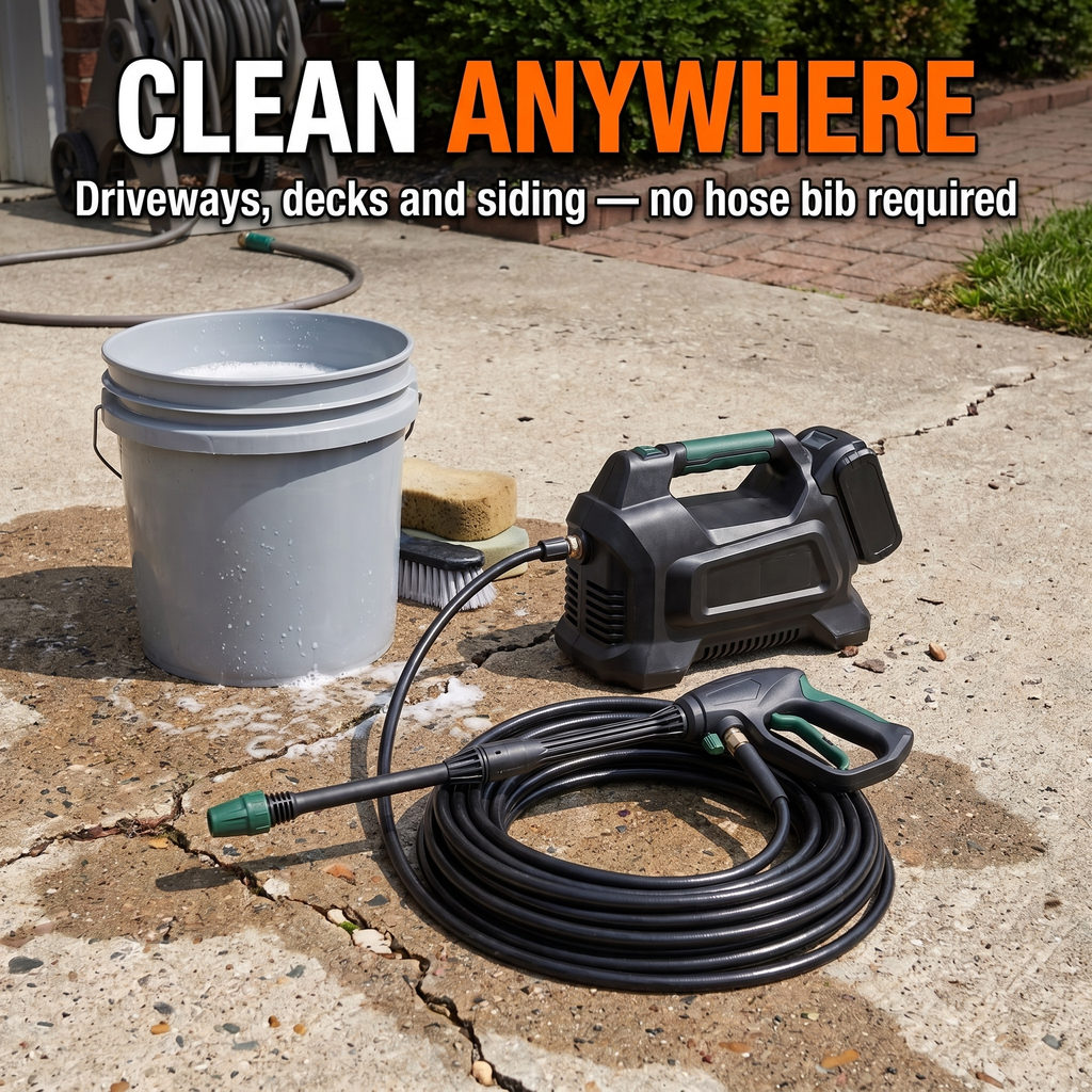 Clean anywhere - driveways, decks and siding, no hose bib required