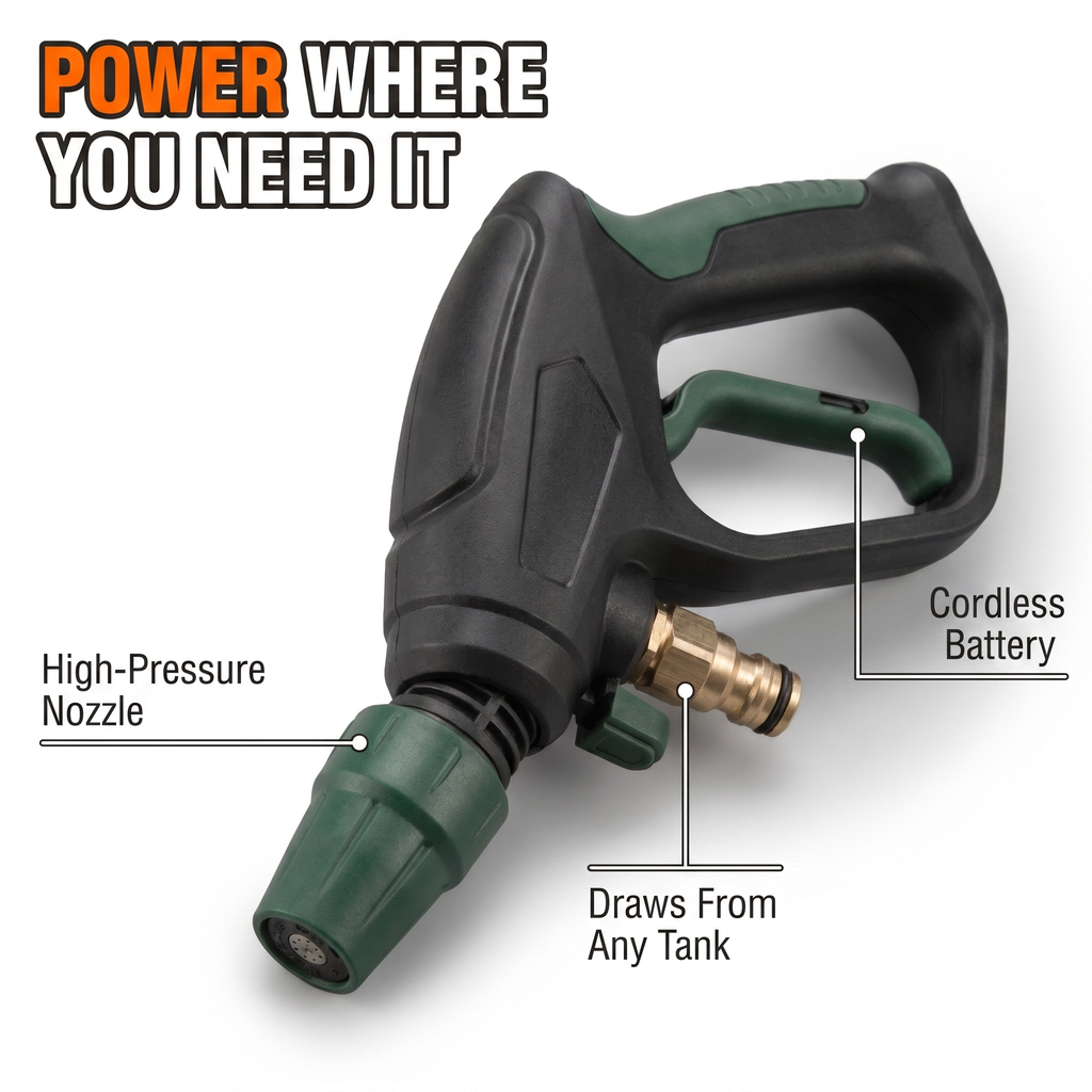 Power where you need it: high-pressure nozzle, draws from any tank, cordless battery