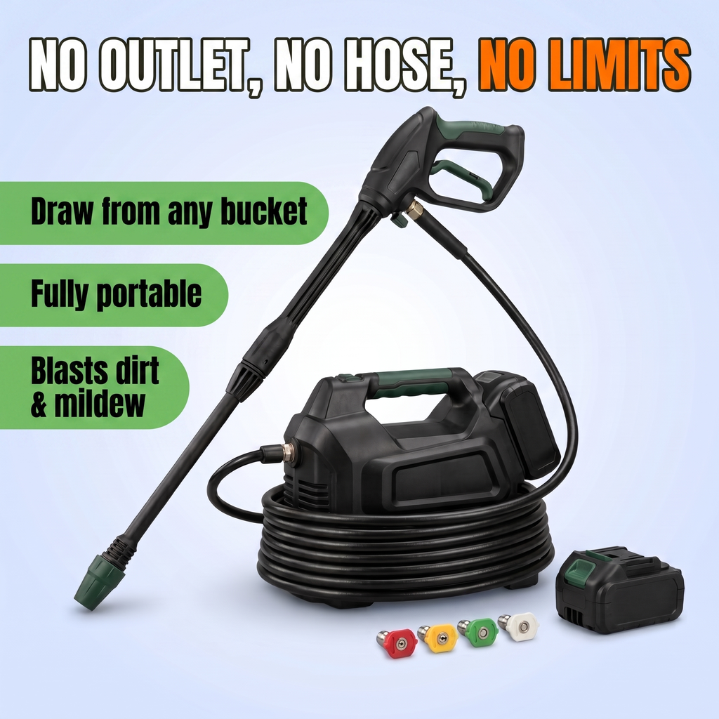 No outlet, no hose, no limits: draw from any bucket, fully portable, blasts dirt and mildew