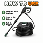 How to use: drop the hose in water, snap in the battery, pull the trigger
